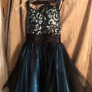 Aqua Sequins on Black Dress with short ruffled satin and Black sheer overlay